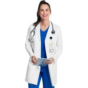 Women's White Lab Coat with Notched Lapel, Button Closure